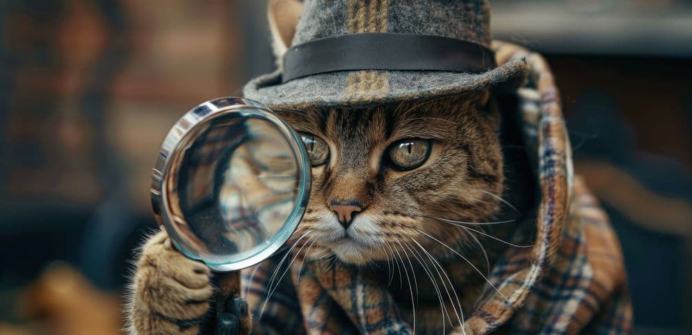A cat dressed as a detective with a hat and a magnifying glass