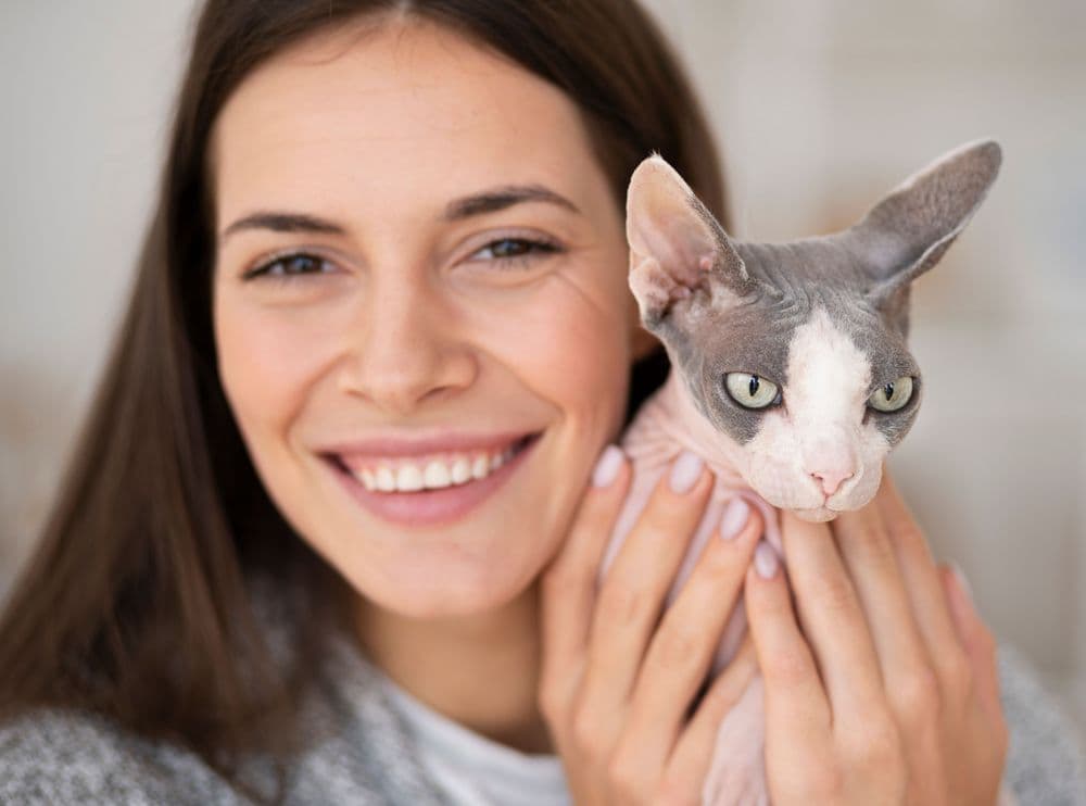 A hypoallergenic cat breed next to a girl's face